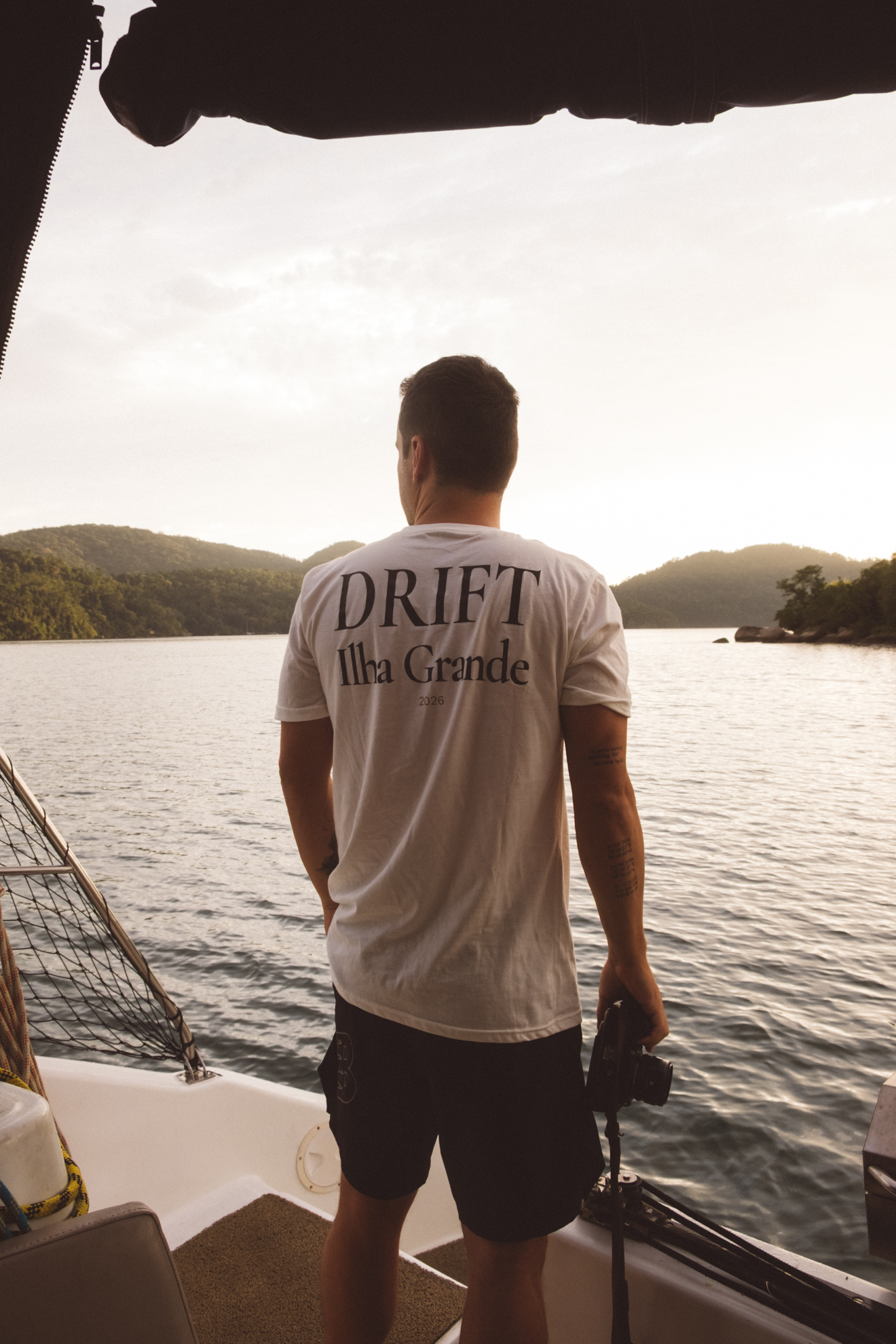 DRIFT t-shirt, worn on deck